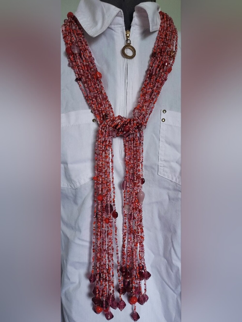 Layered Beaded Scarf Necklace in Coral Pink